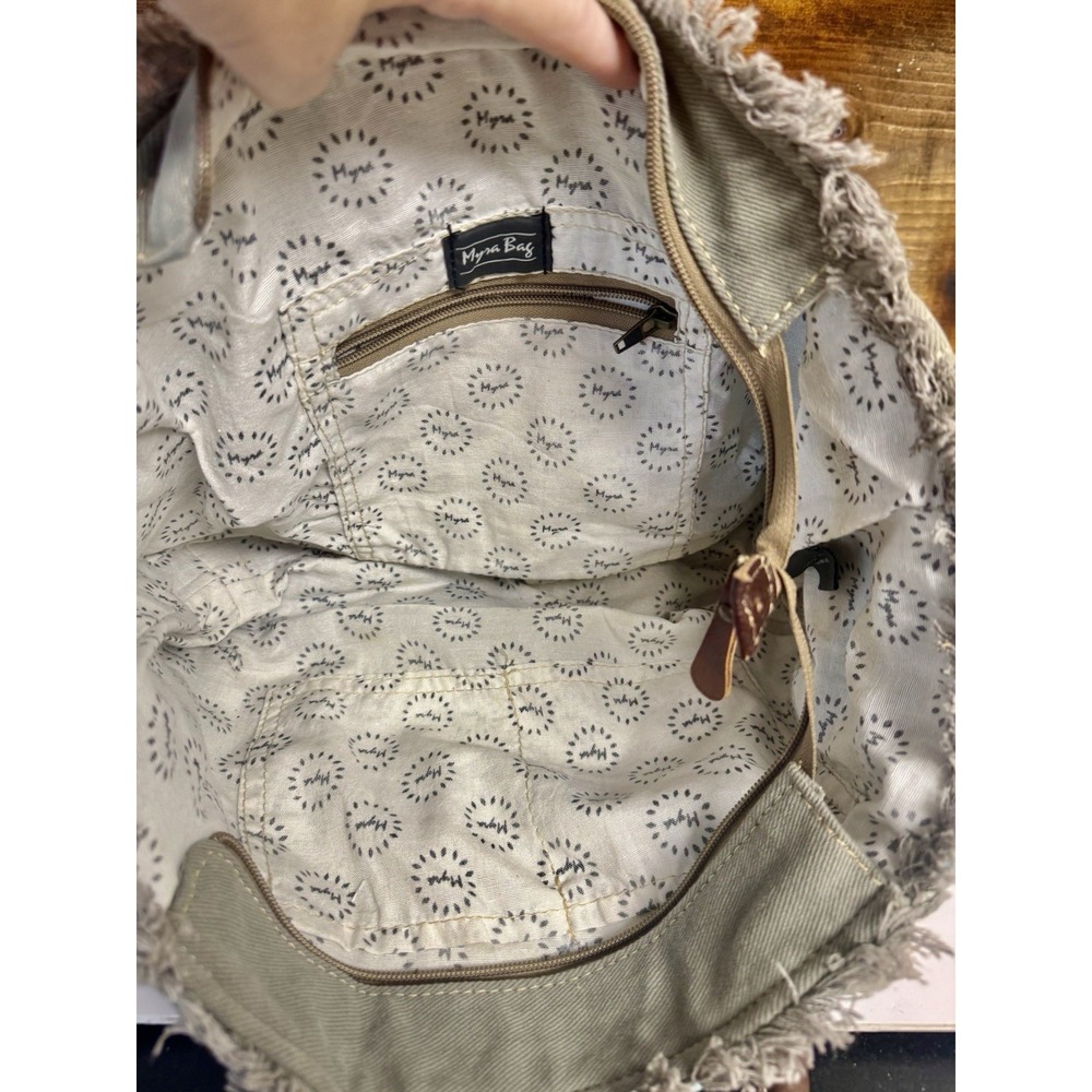 MYRA BAG Aqua Blue Canvas Floral Print Leather Handles Tote 100% cotton - Picture 9 of 16